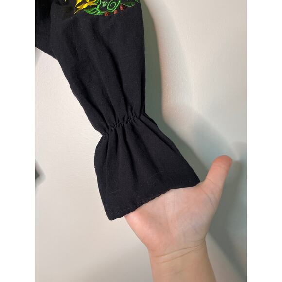 1970s Embroidered Sunflowers Hippie Boho Mexican Smocked Off Shoulder Shirt S - Picture 3 of 6